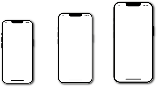 Realistic models of smartphones with transparent screens. Modern popular phones. Front view of the device. Smartphone mockup collection. Mobile phone with shadow on a transparent background. PNG image