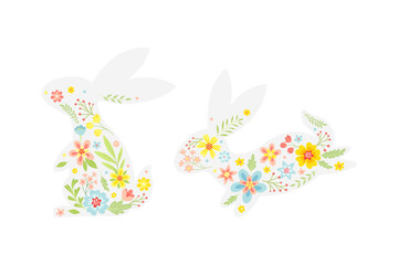 White Easter Rabbit with Flowers and Floral Decoration Inside Vector Set