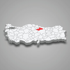 Tokat region location within Turkey 3d map