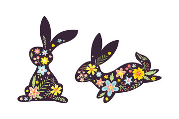 Black Easter Rabbit with Flowers and Floral Decoration Inside Vector Set