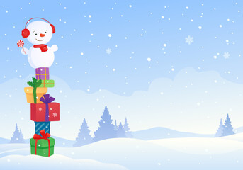 Vector cartoon drawing of funny snowman and gift tower, on the snowy landscape background
