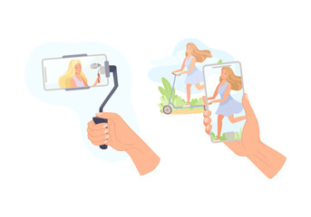 Hand Holding Smartphone Recording Video and Photo with Camera Filming Female Vector Set