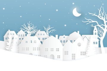 Obraz na płótnie Canvas winter landscape with snow and trees. Santa Flying in the night on christmas. Winter lanscape with house, snow and tree. Paper cut vector design. The house in winter is covered with snow