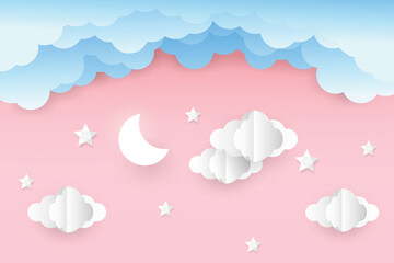 night sky with stars and moon. paper art style. Dreamy background with moon stars and clouds, abstract fantasy background. Half moon, stars and clouds on the dark night sky background. 