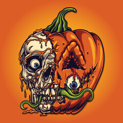 halloween pumpkin split with skull vector illustration