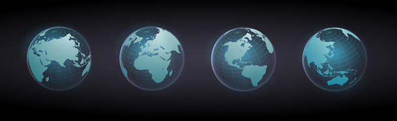 Blue Earth globe. World map set. Planet with continents. Vector Illustration. dark background