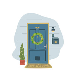 X-Mas decorated home front door. Christmas tree by the house door with Wreath and Deco for party. Postcard, invitation or poser for new year and Merry Christmas.