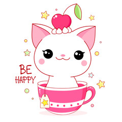 Cute yummy card in kawaii style. Lovely cat with cherry in cup. Inscription Be happy. Vector illustration EPS8