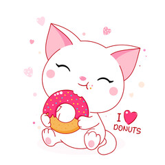 Cute baby card with cat in kawaii style. Little white kitty happy eat donut. Inscription I love donuts. Can be used for t-shirt print, stickers, greeting card design.