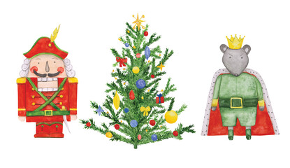 Nutcracker ballet clipart. The watercolor nutcracker, Christmas tree, and mouse are isolated on a white background. Cute characters. Winter holiday, Decorated tree, solder, and the Mouse King.