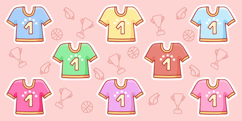 Cute hand-drawn set of sport t-shirts in doodle cartoon style. Composition in neutral candy colors. Kawaii element for card, social media banner, sticker, kids playroom decor. Vector illustration