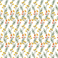 Hand drawn watercolor floral pattern in green, red, orange, yellow colors, eye catching beautiful background