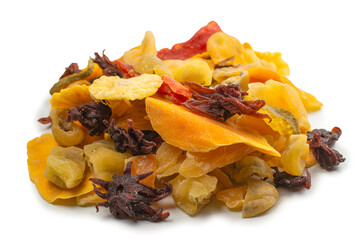 Mix of dried exotic fruit, mangos,slices of pineapples, passion fruit, papaya.