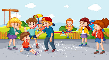 School playground with kids bullying cartoon concept