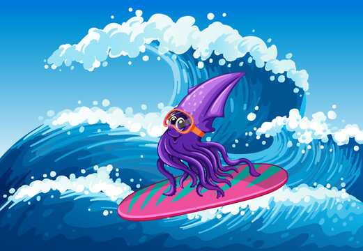 A squid on surfboard in the ocean