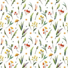 Seamless floral pattern with grass, leaves, berries and flowers for fabrics, textiles, wallpapers or gift paper on white background