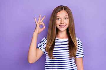 Photo of positive cheerful funny girl with straight hairdo dressed striped t-shirt hand showing okey isolated on purple color background