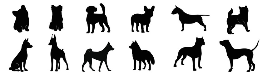 Set of dog silhouette vector. Cute dogs in different breeds, posture, sitting, stand, play. Collection of black pet silhouette element design for logo, card, print, decorative.