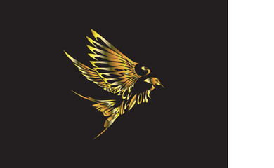 flying golden birds on black background