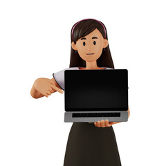 Young woman holding laptop 3d cartoon character illustration