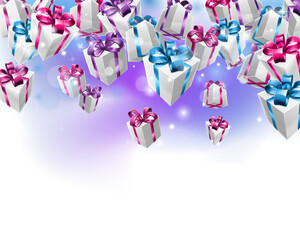 Prizes, gifts or presents in boxes falling Christmas or birthday concept background border frame design.