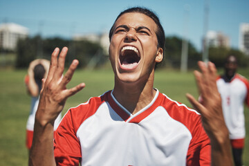 Win, celebration and soccer player victory scream at soccer field, celebrating success, goal and...