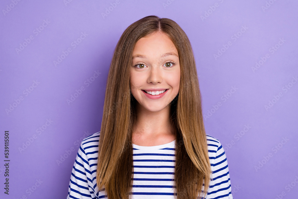 Poster photo of adorable positive optimistic girl with straight hairdo dressed striped t-shirt toothy smili