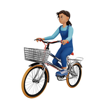 Young woman riding bicycle 3d cartoon character illustration