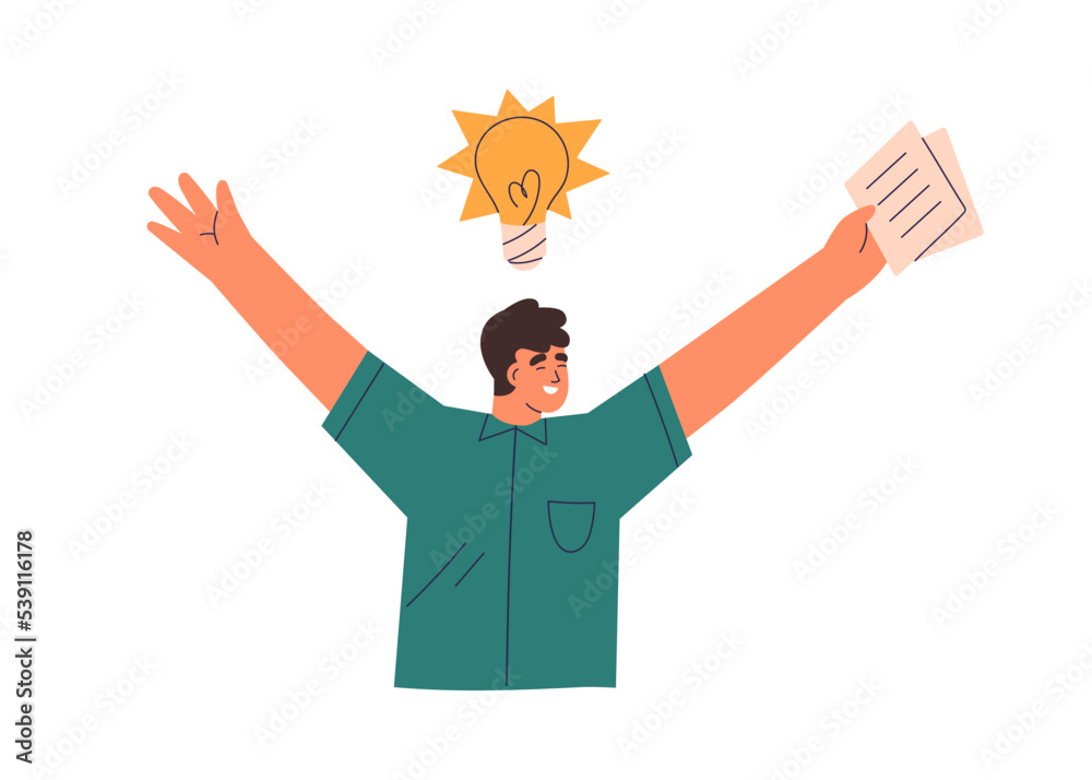 Poster person with creative business idea. bright lightbulb as smart solution, insight, discovery and inven