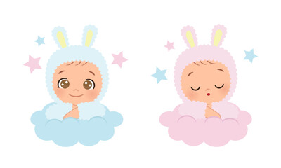 Cute baby boy and girl in rabbit costume. Flat vector cartoon design