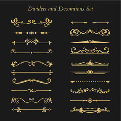 Set of ornamental filigree flourishes and thin dividers. Classical vintage elements, vector illustration