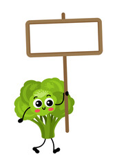 Funny broccoli mascot holding a blank signboard