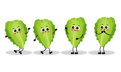 Set of funny green lettuce mascot in different positions - obrazy, fototapety, plakaty