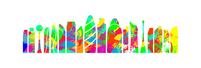 Silhouette of urban high-rise buildings in bright colors. Abstract silhouette of the city on a white background.