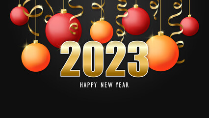 Happy new year 2023. Christmas red and orange balls and golden serpentine. Vector illustration. 