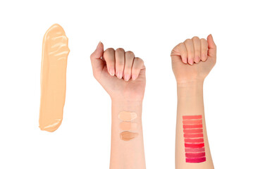 Obraz premium Liquid foundation smudge isolated on white background. Close Up of makeup cream sample.