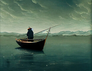 Naklejka na ściany i meble Fishermen fishing in a boat. Fishing from a boat in a river or lake