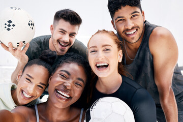 Friends, sports and selfie with team of football athletes for training, workout and social media together. Teamwork, soccer player and portrait of group of people for exercise, fitness and goals - Powered by Adobe