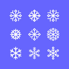 Snowflakes linear icon set. Winter