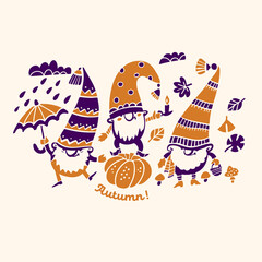 Autumn gnomes set. Fall violet and orange gnomes.