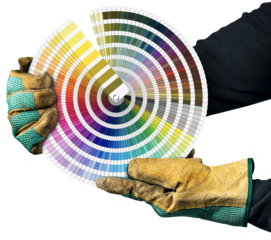 Manual worker with protective work gloves holding a pantone color swatches isolated on transparent or white background, photography, png.

