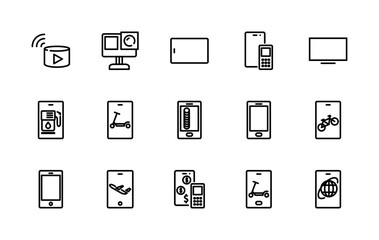 Simple set of electronics related vector linear icons. Contains icons such as: phone, computer, monitor, technology, web icons, vector, speaker, column and more. Editable stroke 48x48 pixels perfect.