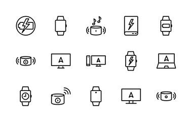 Simple set of electronics related vector linear icons. Contains icons such as: phone, computer, monitor, technology, web icons, vector, speaker, column and more. Editable stroke 48x48 pixels perfect.