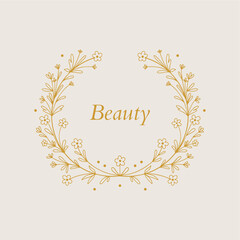 Vector floral hand drawn logo template in elegant and minimal style with gold color on grey background illustration. Circle frames logos. For badges, labels, logotypes and branding business identity.
