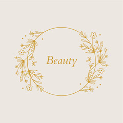 Vector floral hand drawn logo template in elegant and minimal style with gold color on grey background illustration. Circle frames logos. For badges, labels, logotypes and branding business identity.