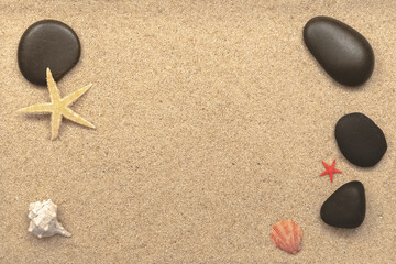 Coquillages sur fond de sable fin avec espace libre.	