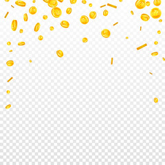 Bitcoin coins falling. Cryptocurrency scattered