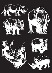 Vector set of rhinoceroses on black isolated,graphical drawing. Stylish print elements, savanna habitant