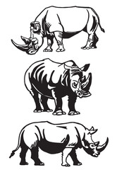 Vector set of rhinoceroses on white isolated,graphical drawing. Stylish print elements, savanna habitant