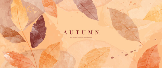 Autumn foliage in watercolor vector background. Abstract wallpaper design with leaves, line art, branches. Botanical in fall season illustration suitable for fabric, prints, cover, wall art.